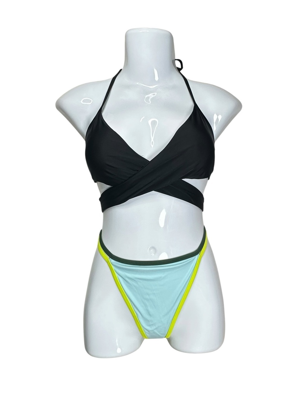 aerie Black Wrap Halter Bikini Top with Light Blue & Neon Yellow Trim Bottoms